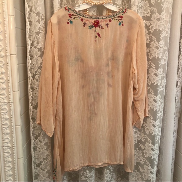 JOHNNY WAS * NWOT Shell Pink Emboidered Peacock Cupra Tunic Top - Picture 4 of 4